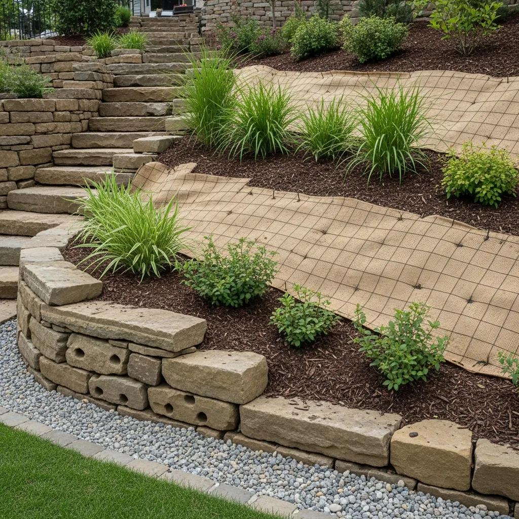 Erosion control techniques with a retaining wall and native plants in a sloped yard
