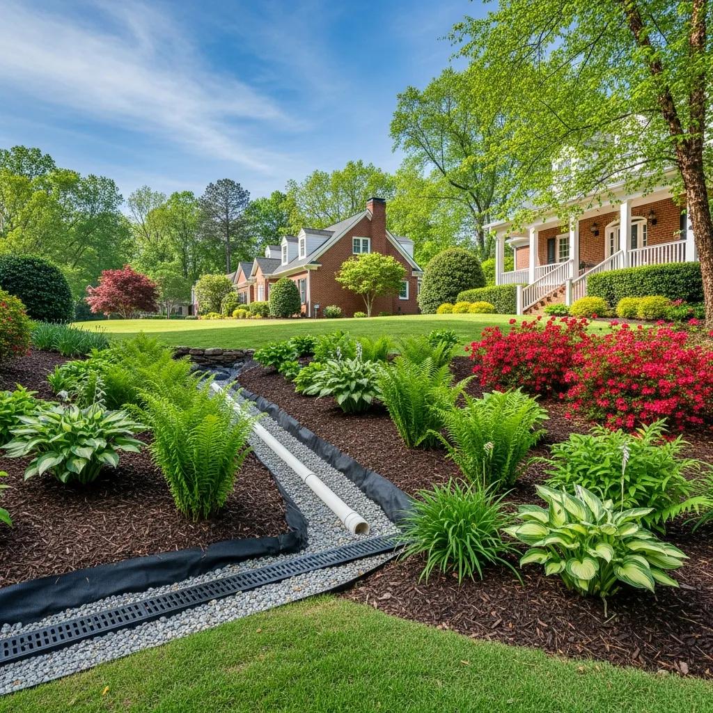 Hardscape drainage solution in a residential yard featuring a French drain system among lush greenery