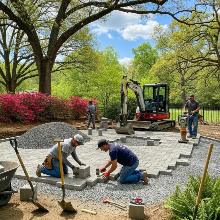 Hardscape installation process with workers laying pavers in a lush Atlanta outdoor setting