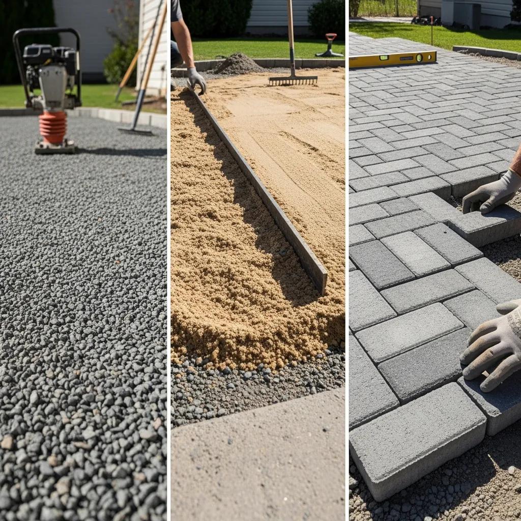 Stages of patio installation showing gravel base, sand leveling, and paver arrangement