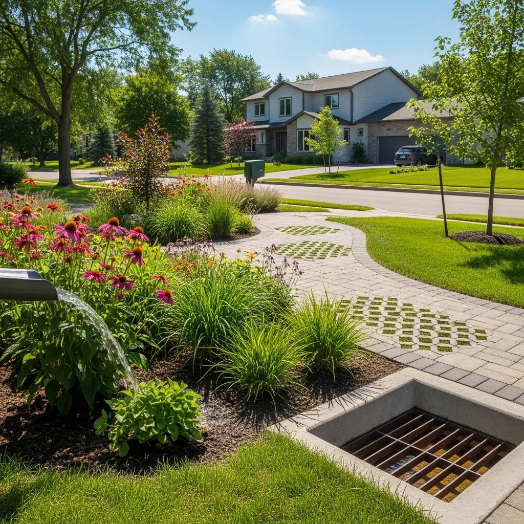Stormwater management techniques including a rain garden and permeable pavers in a residential landscape