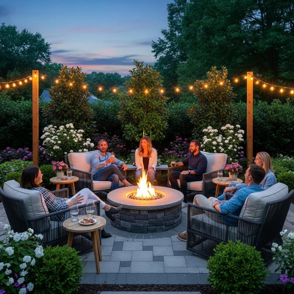 Custom fire pit in an Atlanta backyard with people gathered around, enhancing outdoor living