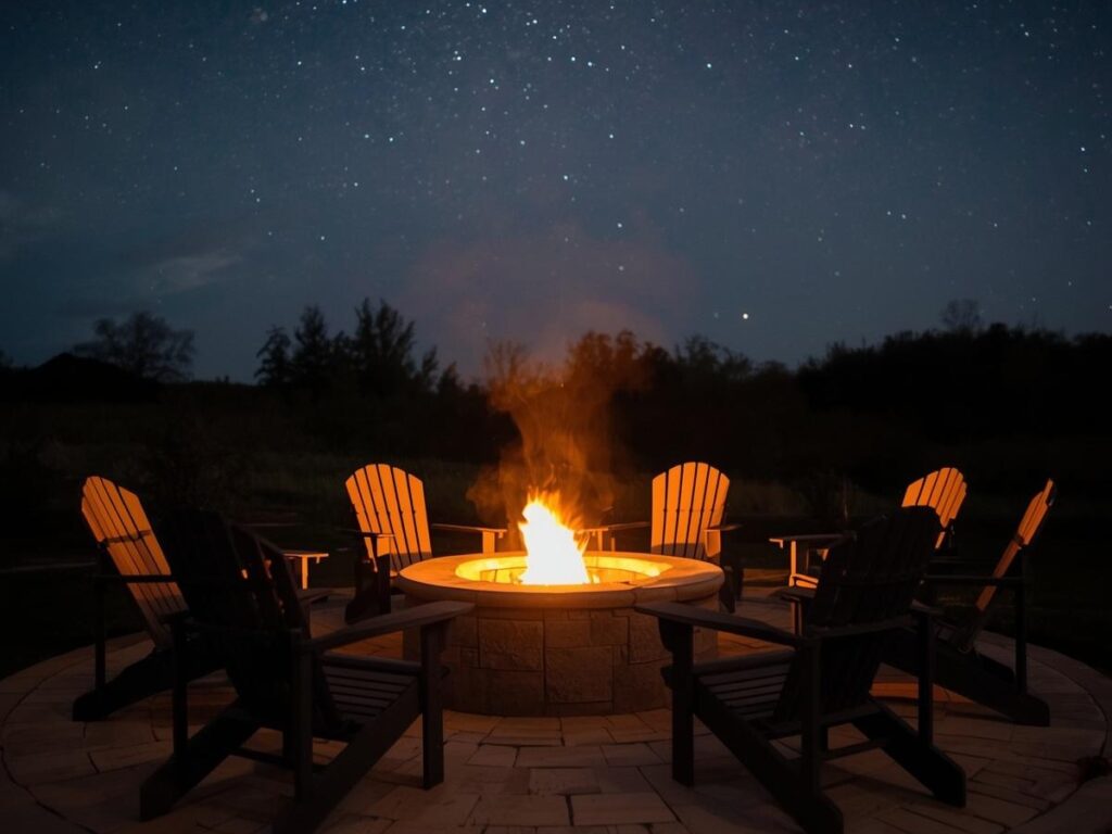 Six Adirondack chairs surround a glowing fire pit on a stone patio at night, with a starry sky and trees in the background—a perfect setting for enjoying cozy Fire Pits outdoors.