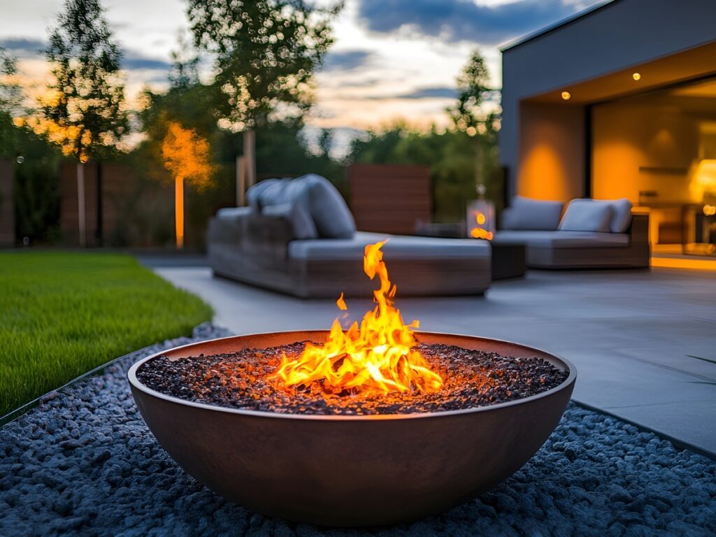 A modern Fire Pits outdoor setup with flames, surrounded by patio furniture and greenery, set on a contemporary patio at dusk.