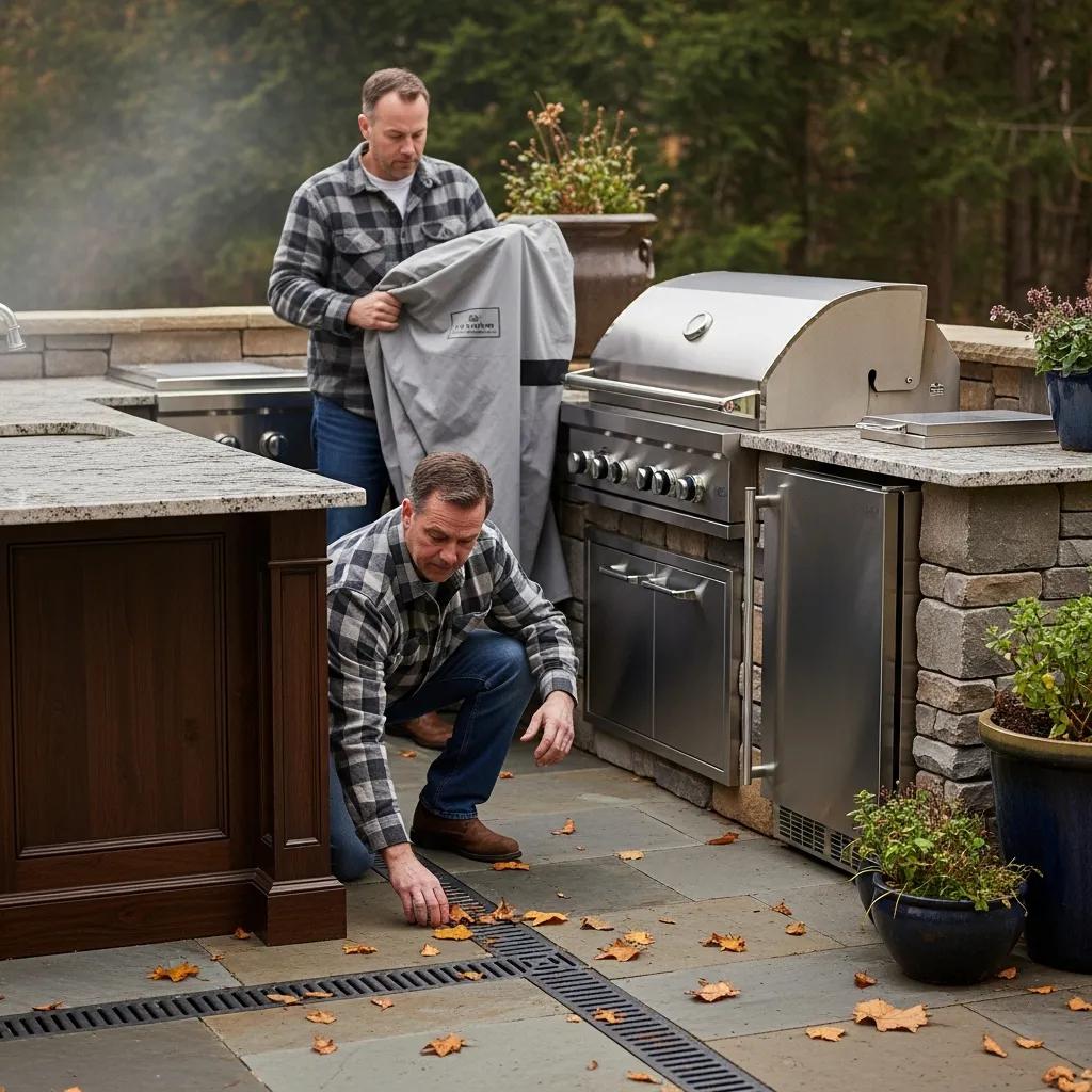 Homeowner preparing outdoor kitchen for seasonal changes with covers and checks