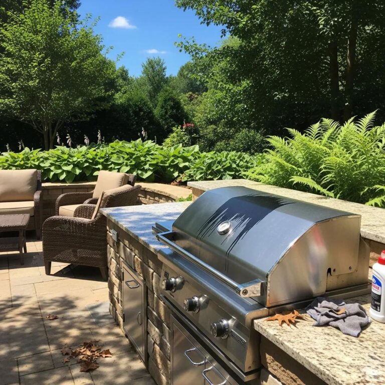 Outdoor kitchen setup in Atlanta with grill and seating, highlighting maintenance importance