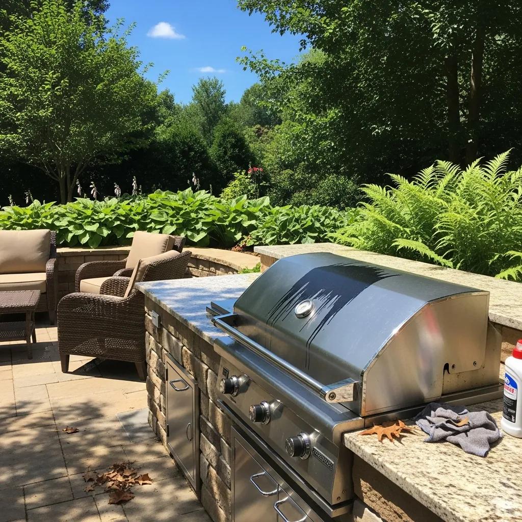 Outdoor kitchen setup in Atlanta with grill and seating, highlighting maintenance importance