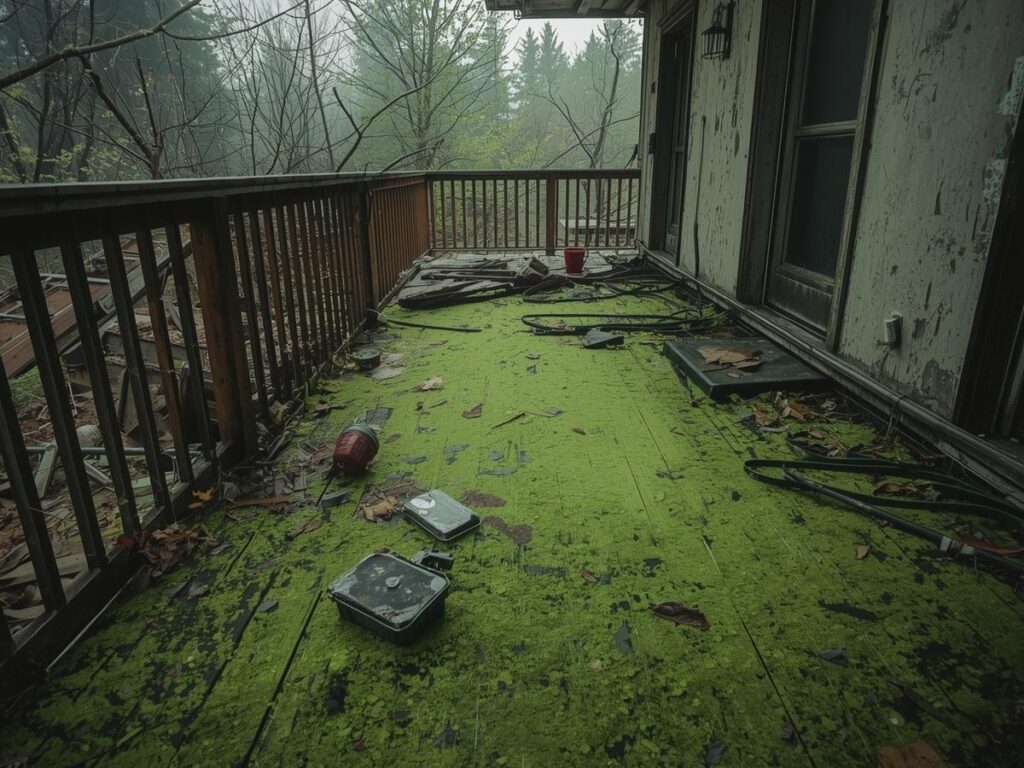 A weathered porch with a green, algae moss-covered floor hints at the need for removal, while scattered debris and leafless trees loom beyond the railing on a foggy day.