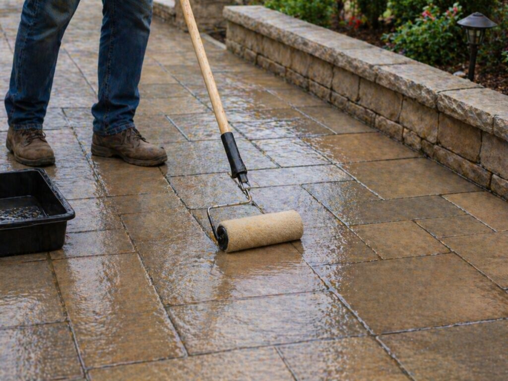 Person applying a clear sealant to a stone patio with a paint roller on an extension pole, demonstrating the process of sealing hardscapes; a black tray and stone edging are visible.