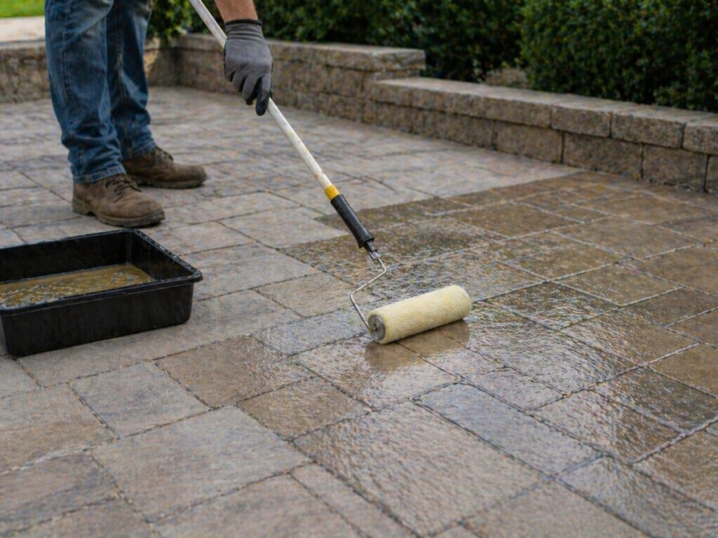A person uses a paint roller to apply a liquid sealant to a paved stone patio, sealing hardscapes efficiently, with a tray of sealant nearby.