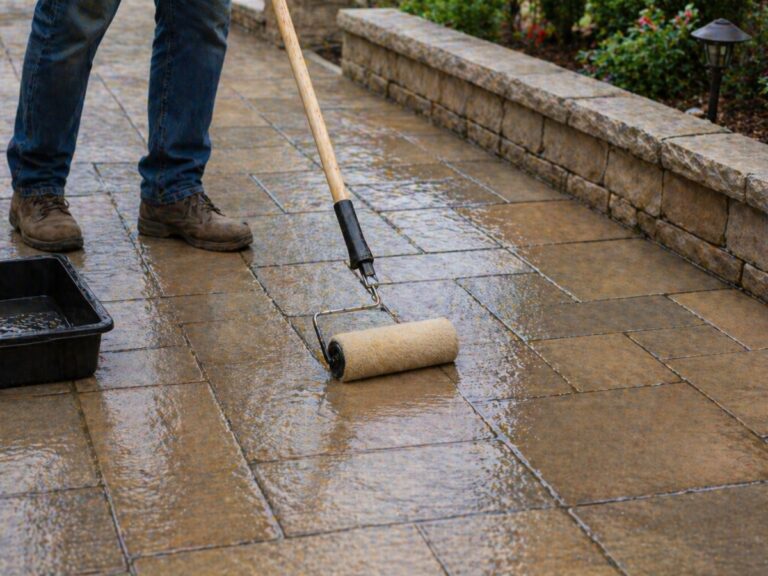 Person applying a clear sealant to a stone patio with a paint roller on an extension pole, demonstrating the process of sealing hardscapes; a black tray and stone edging are visible.