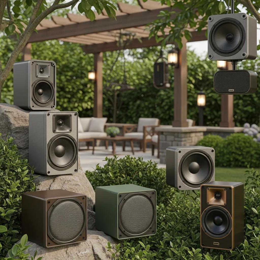 Close-up of weatherproof outdoor speakers designed for hardscape environments