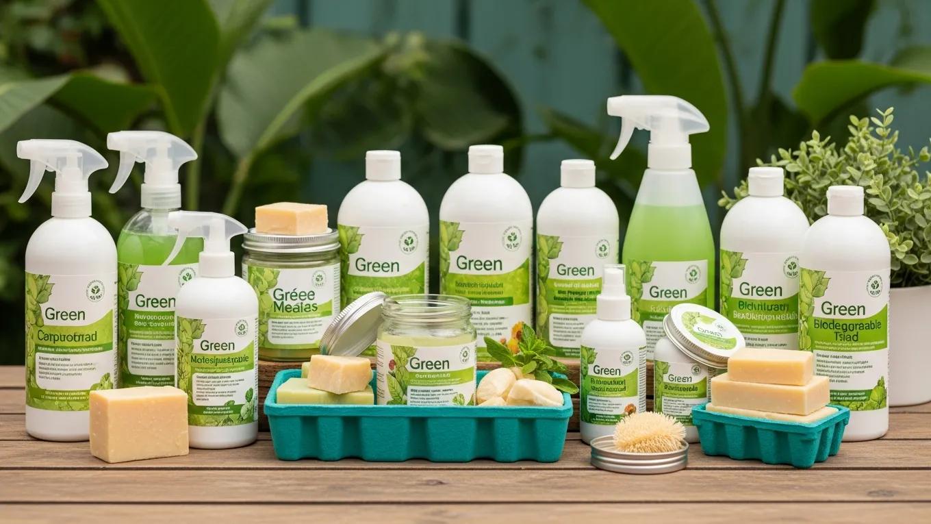 Eco-friendly cleaning agents displayed outdoors, highlighting safety and effectiveness in pressure washing