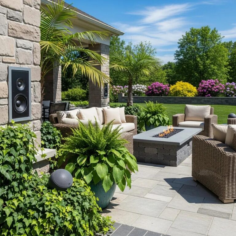 Outdoor living space with integrated sound system and weatherproof speakers enhancing ambiance