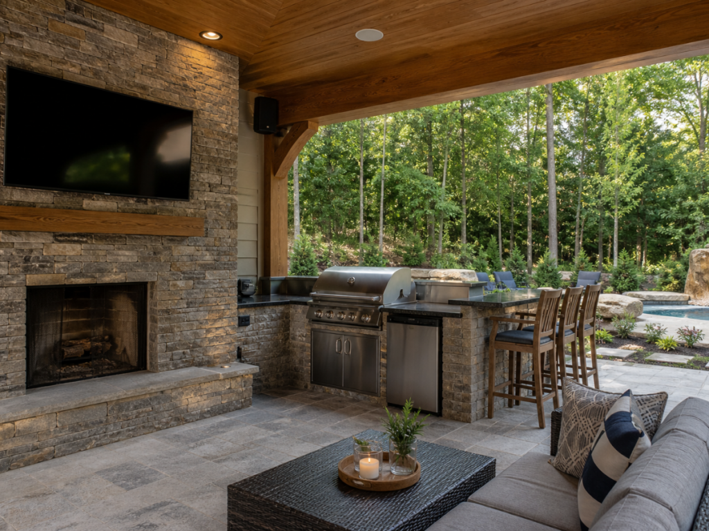 Covered outdoor patio by Atlanta Hardscapes with stone fireplace, wall-mounted TV, built-in grill and kitchen area, bar seating, Outdoor Sound Systems, and a view of the pool and trees in the background.