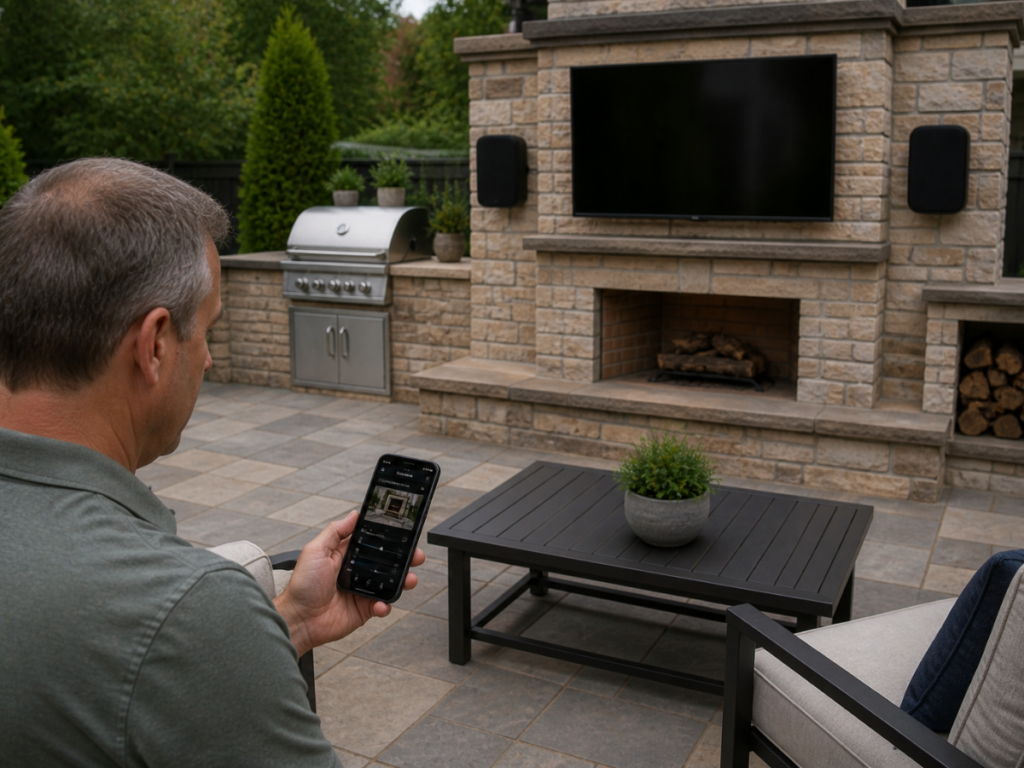 A man relaxes on a patio holding a smartphone, facing an outdoor fireplace with a mounted TV and speakers—showcasing how integrating Outdoor Sound Systems enhances Atlanta Hardscapes. A grill and stacked firewood complete the inviting scene.