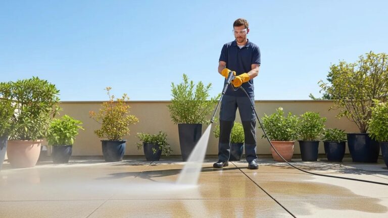 Person pressure washing a patio with protective gear, emphasizing safe cleaning techniques