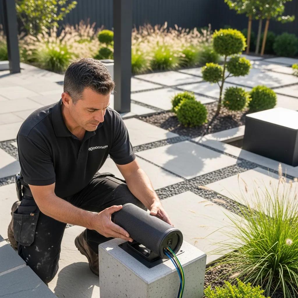 Professional installer setting up outdoor sound system in a backyard