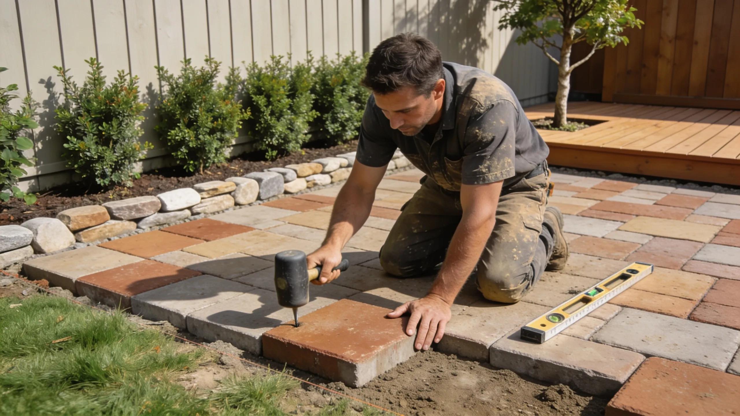 Professional installer laying concrete pavers during hardscape installation in a landscaped yard, demonstrating effective techniques