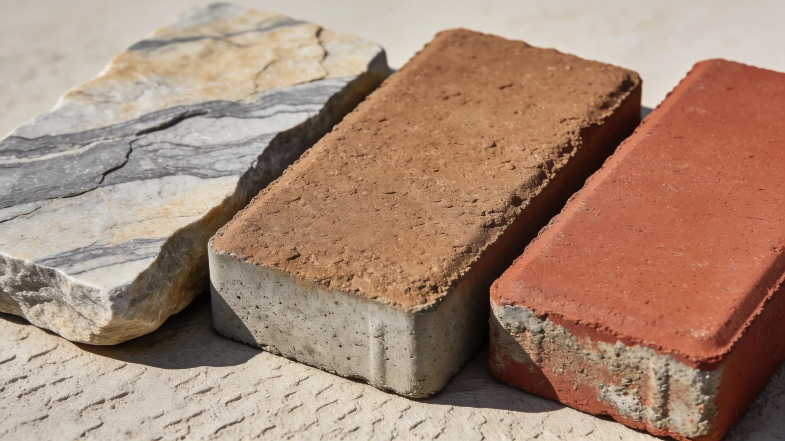 Close-up of hardscape materials showcasing natural stone, concrete pavers, and brick, illustrating their durability and aesthetic appeal