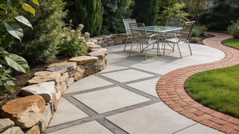 Outdoor landscape space showcasing hardscape materials including natural stone, concrete pavers, and brick for landscape design, appealing to homeowners