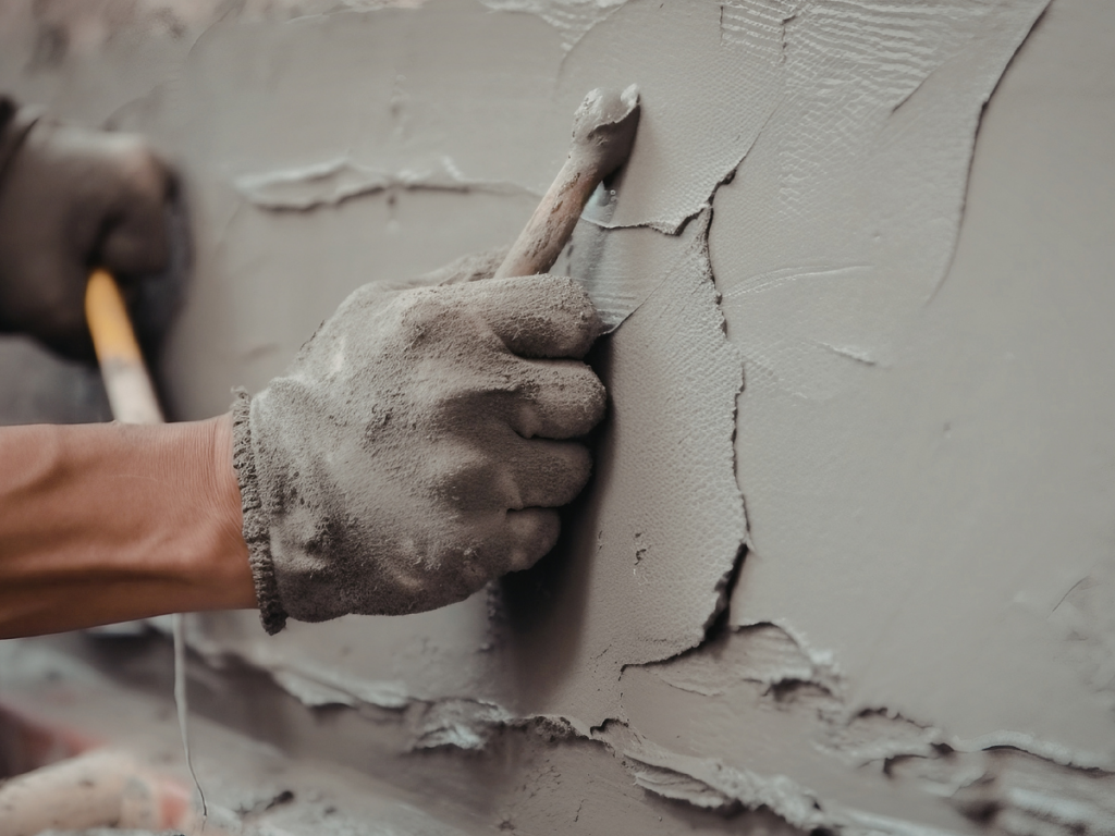 A person wearing gloves smooths wet cement on a wall with a trowel during crack repair.