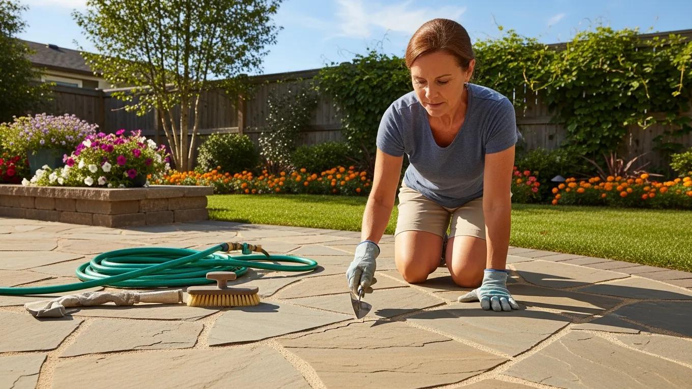 Homeowner inspecting outdoor hardscape for maintenance, emphasizing routine care practices
