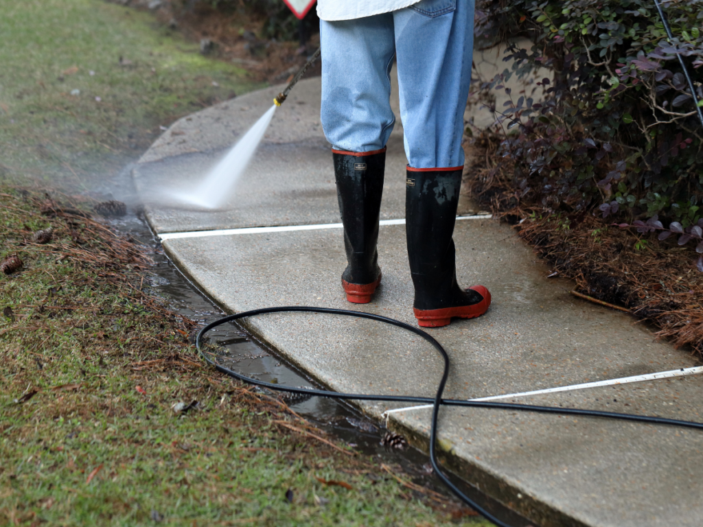 Person in rubber boots using a pressure washer to clean a concrete sidewalk, water spraying as they pressure wash, with plants visible on the side.