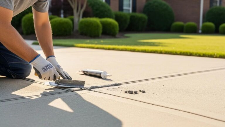Professional applying concrete crack filler to a driveway, highlighting outdoor hardscape maintenance
