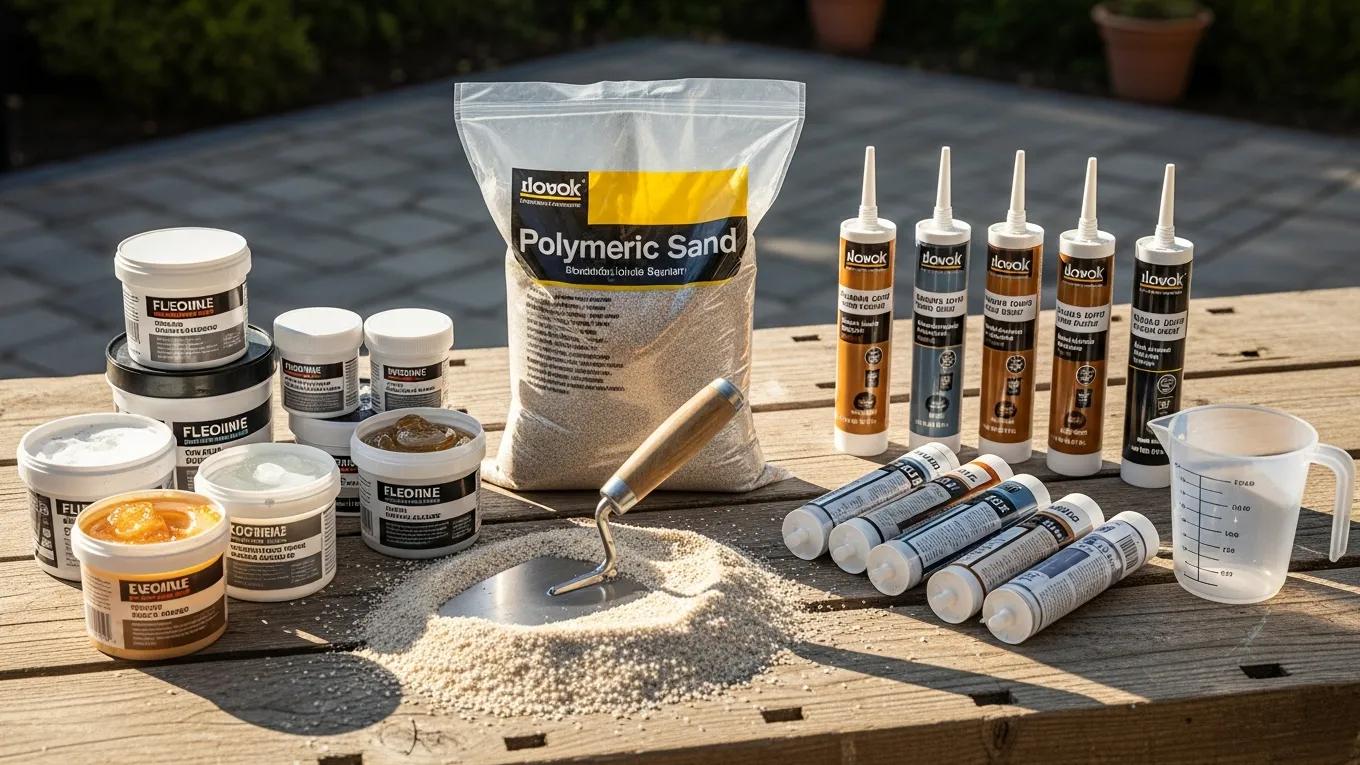 Various materials for paver joint repair including polymeric sand and sealants, arranged on a workbench