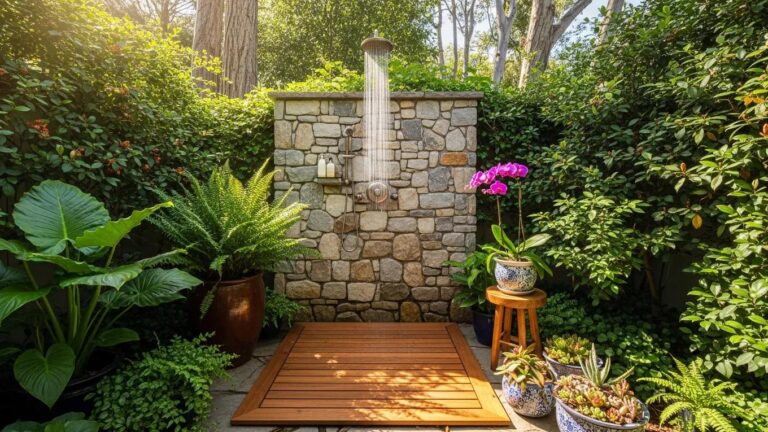 Outdoor shower installation in a garden setting with natural stone and wood