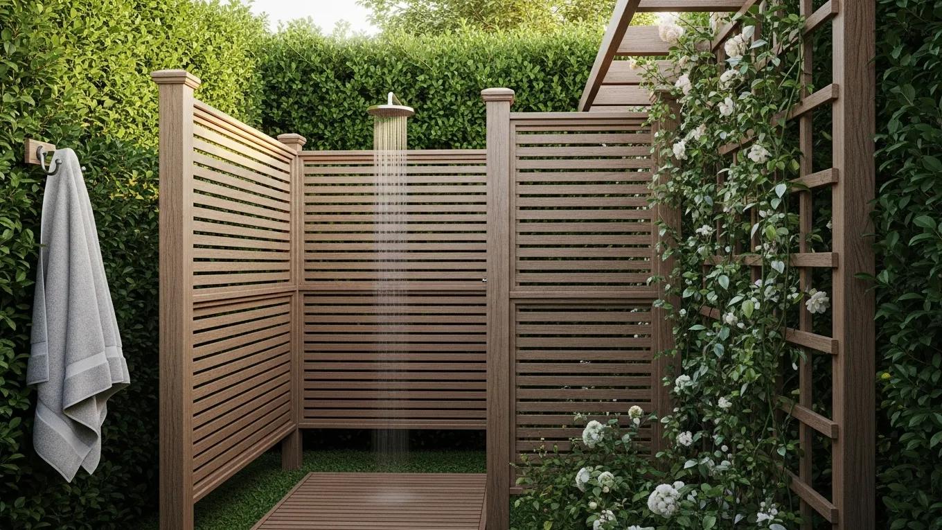 Outdoor shower with privacy solutions including screens and natural barriers