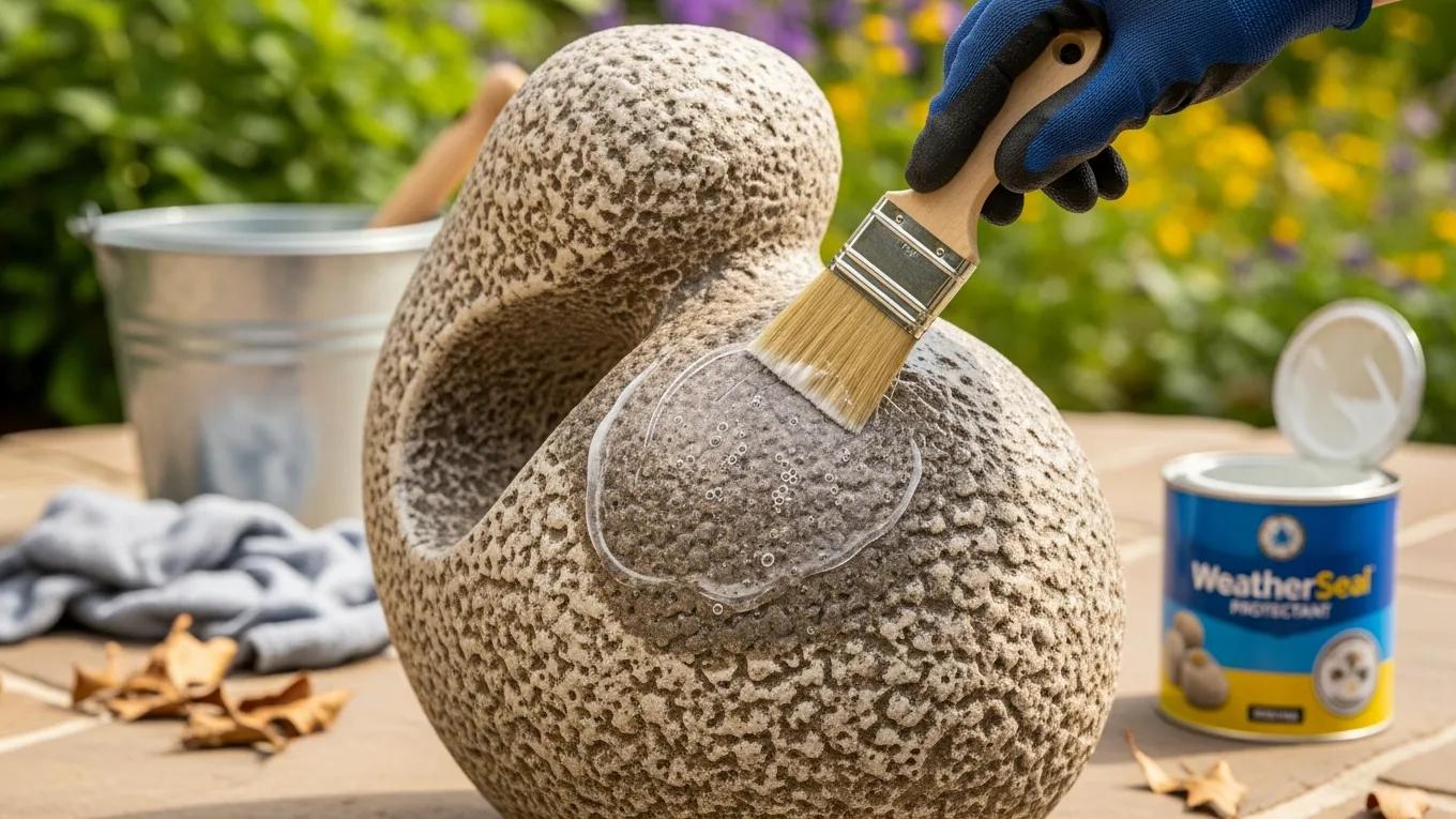 Applying weatherproof coating to a garden sculpture for maintenance and longevity