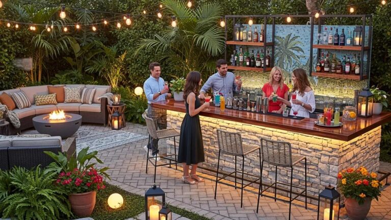 Custom outdoor bar setup in a backyard with natural stone counter and comfortable seating
