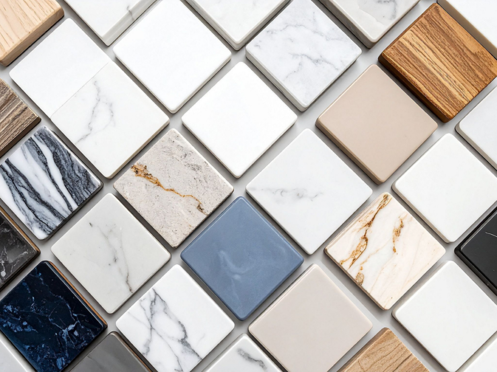 Assorted square tiles in various colors and patterns, including marble, wood grain, solid colors, and stone, are arranged in a diagonal grid on a white background, evoking the look of an outdoor art installation.