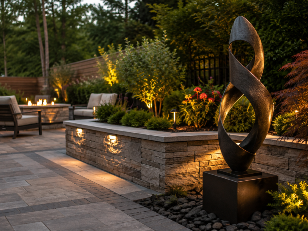 Modern garden with stone patio, seating areas, and a large abstract metal sculpture serving as an outdoor art installation, illuminated by warm outdoor lighting in the evening.