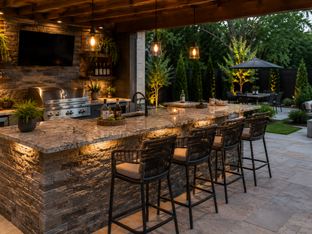 Outdoor kitchen with stone bar, wicker barstools, grill, sink, pendant lights, and TV—this inviting space evokes the relaxed elegance of outdoor bars, overlooking a patio dining area and lush greenery in the evening.