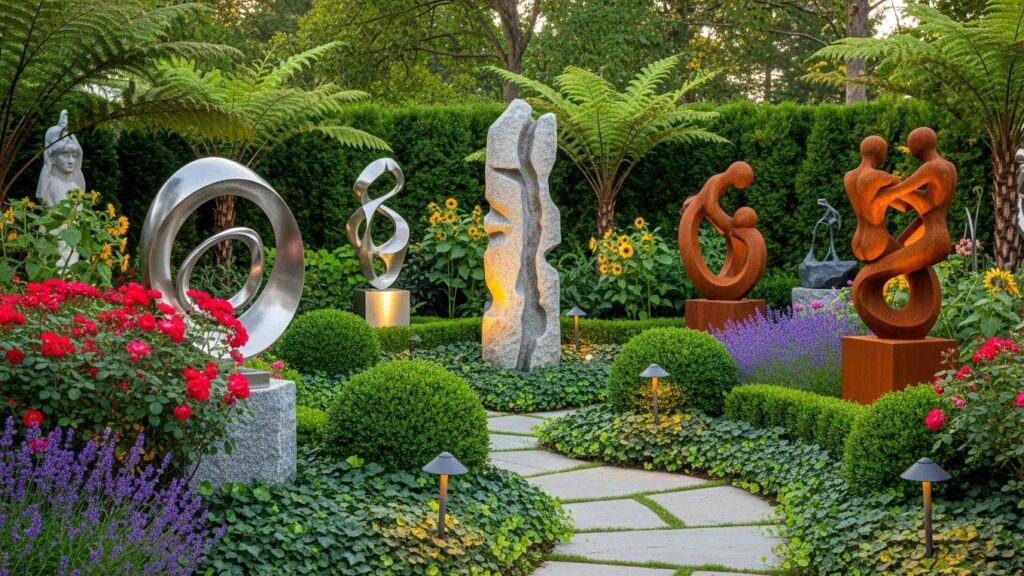 Outdoor sculptures and garden art enhancing a beautifully landscaped hardscape