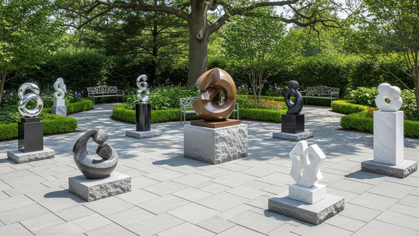 Properly positioned outdoor sculptures in a garden hardscape for stability and aesthetics