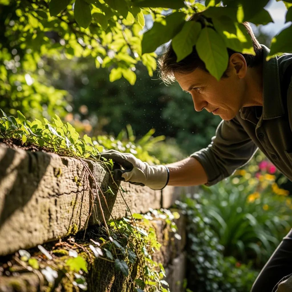 Homeowner conducting a seasonal inspection of a retaining wall for cracks and stability